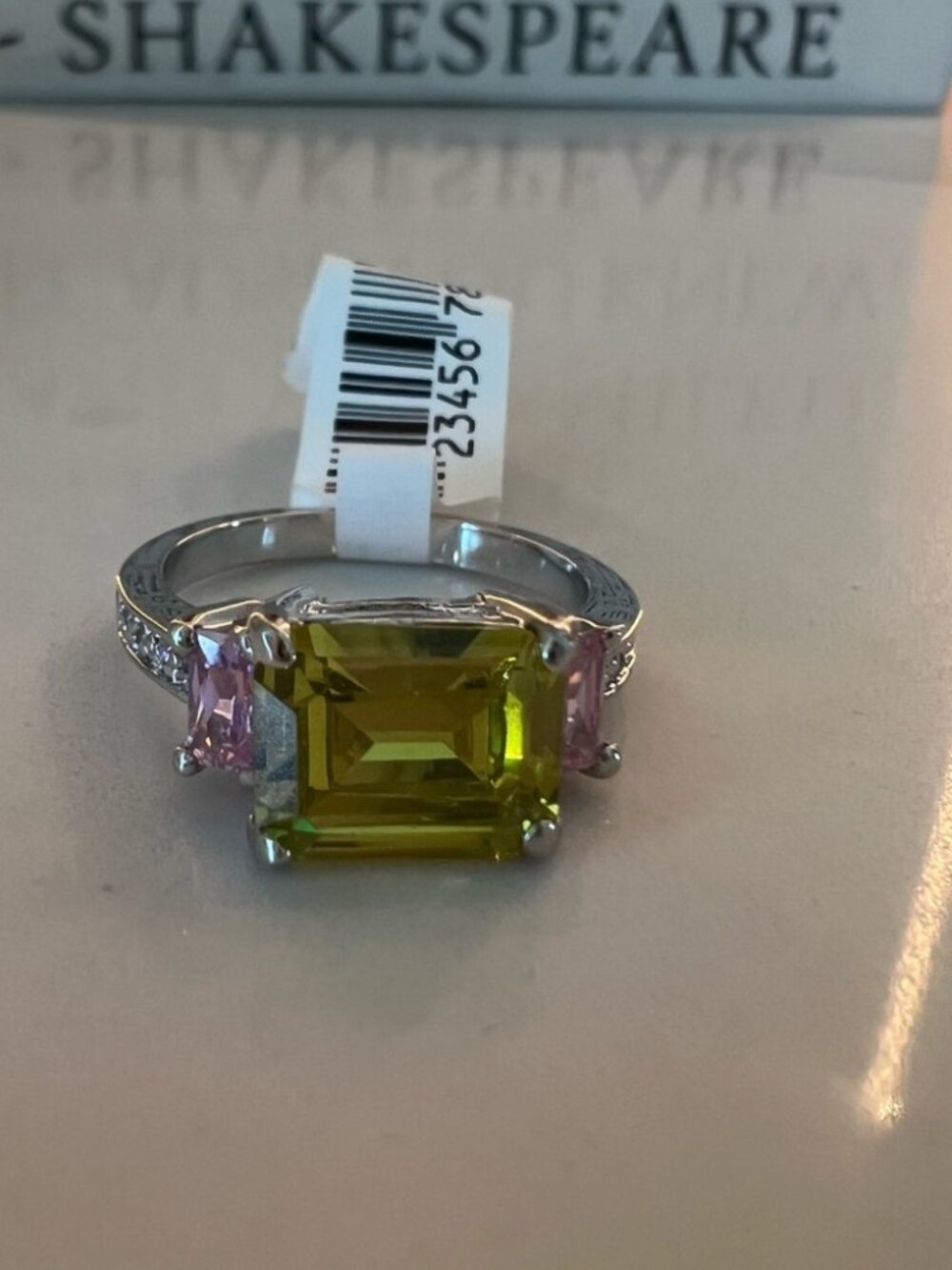 NWT Emerald Cut Simulated Peridot Pink Sapphire Pave CZ Ring 8